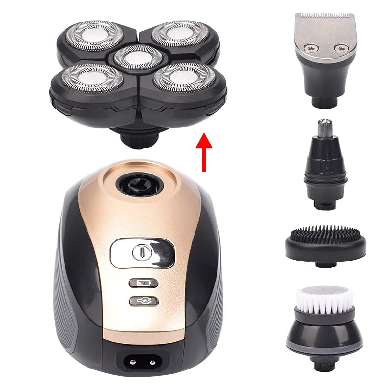 Sif's 5 In 1 4D Men's Rechargeable Bald Head Electric Shaver 5 Floating Heads Beard Nose Ear Hair Trimmer Razor Clipper Facial Brush